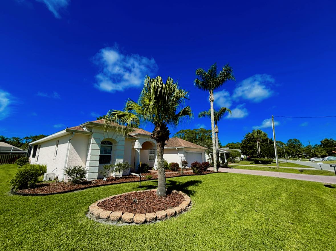Freshly landscaped front yard with palm trees in Palm Coast, FL