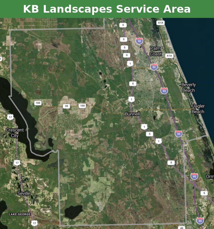 Map of KB Landscapes' service area covering Palm Coast, Bunnell, and Flagler County